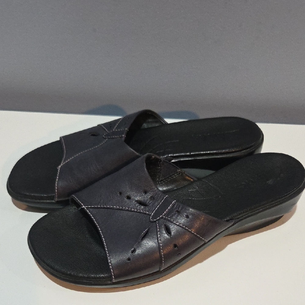 Clarks Black Mules with Quilted Cross-Strap Design